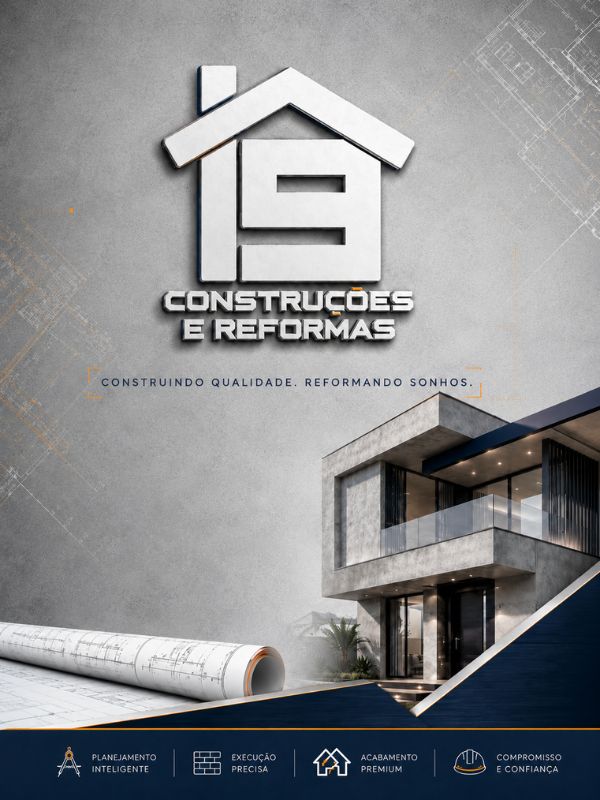 Logo da Inove Construções e Reformas em metal escovado prateado, símbolo de casa com telhado e o número 9 estilizado, ao lado fachada moderna de residência de alto padrão em concreto aparente com iluminação noturna, fundo texturizado em concreto cinza com traços técnicos de projeto arquitetônico em laranja, composição elegante e sofisticada