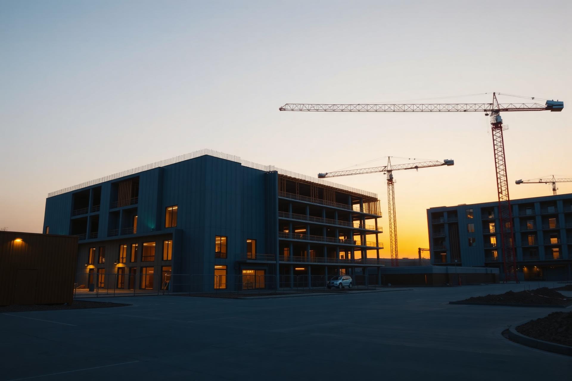 Canteiro de obras ao entardecer com prédio moderno em construção, estrutura metálica exposta, guindastes silhuetados contra céu alaranjado do pôr do sol, fotografia realista arquitetônica